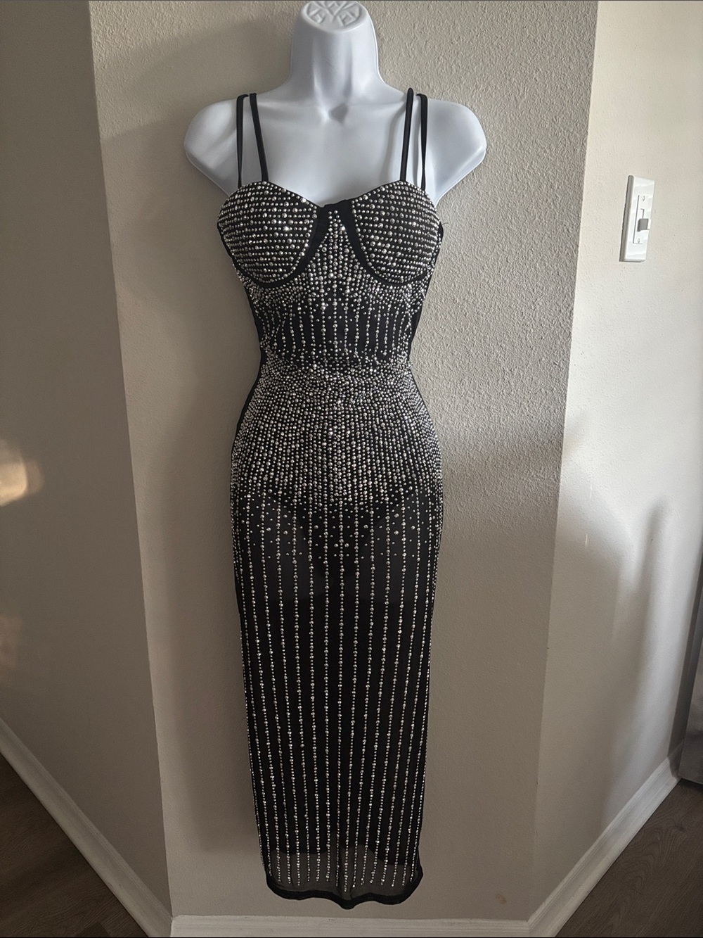Black Embellished Sheer Midi Dress with Strappy Bodice